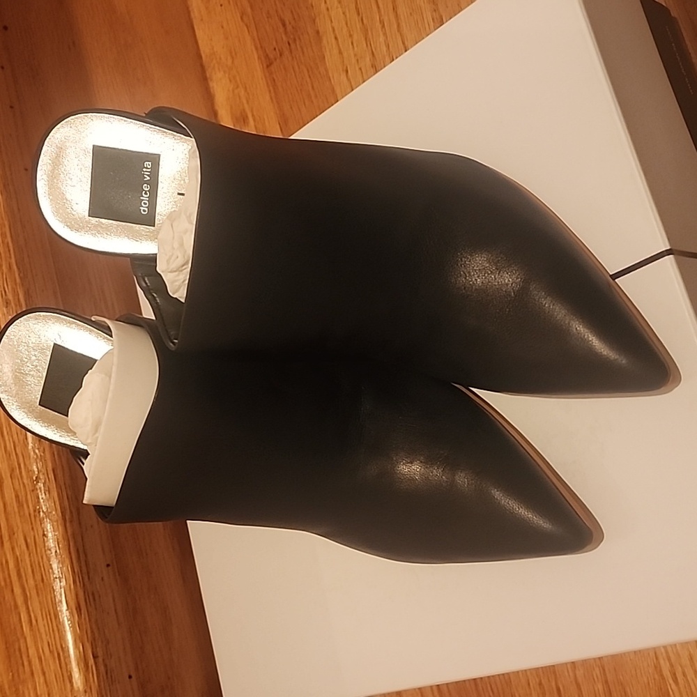NIB Dolce Vida "Enyo" Black Leather Pointed Toe Mules Wood Heels 9.5M - Picture 12 of 13